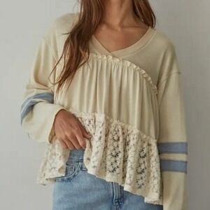 Boho Peasant Top Small Cream Sheer Lace Back Ruffle Tiers Oversized Fairy Flowy